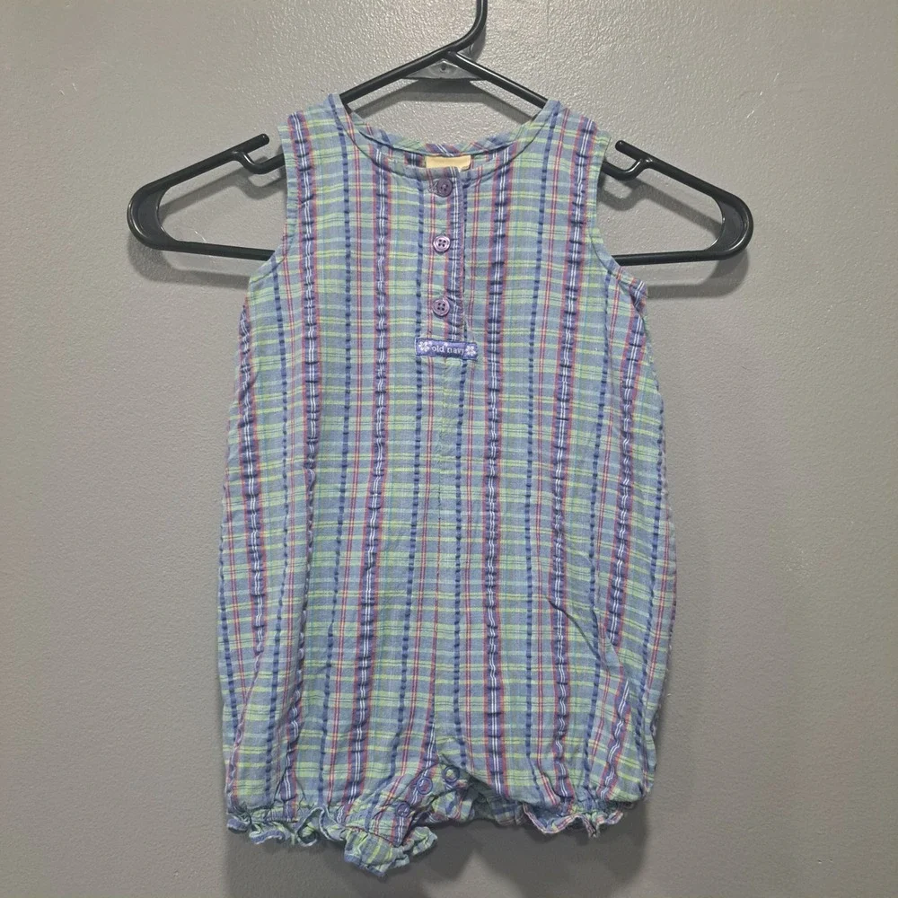 Vintage Old Navy Baby Plaid Seersucker Romper Blue Green 18-24 Months XL‎